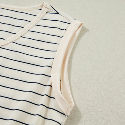 Beige Stripe Drawstring Tunic Tank Mini Dress with Pockets