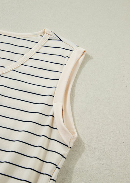 Beige Stripe Drawstring Tunic Tank Mini Dress with Pockets