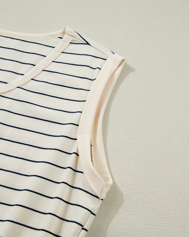 Beige Stripe Drawstring Tunic Tank Mini Dress with Pockets