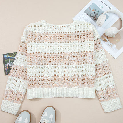 Pink Hollow-out Colorblock Drop Shoulder Casual Sweater