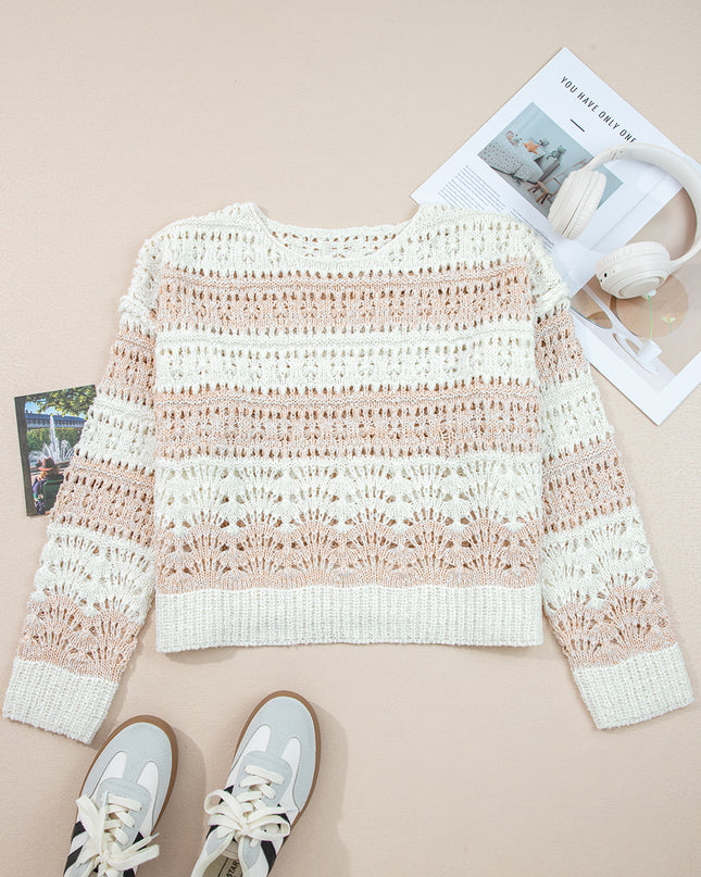 Pink Hollow-out Colorblock Drop Shoulder Casual Sweater
