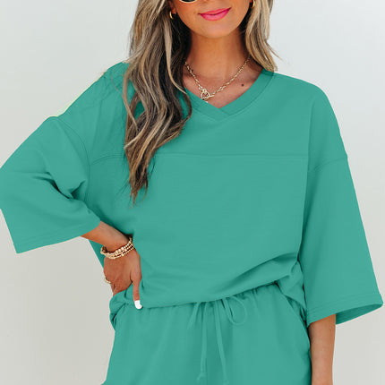 Meadow Mist Green Solid Loose V Neck Half Sleeve Tee and Shorts Set