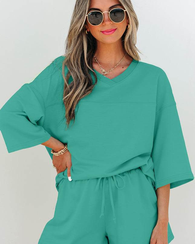 Meadow Mist Green Solid Loose V Neck Half Sleeve Tee and Shorts Set