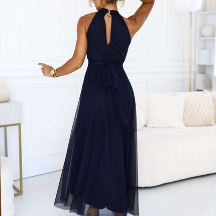 662-3 Elegant evening maxi halter dress with tulle and waist tie - navy