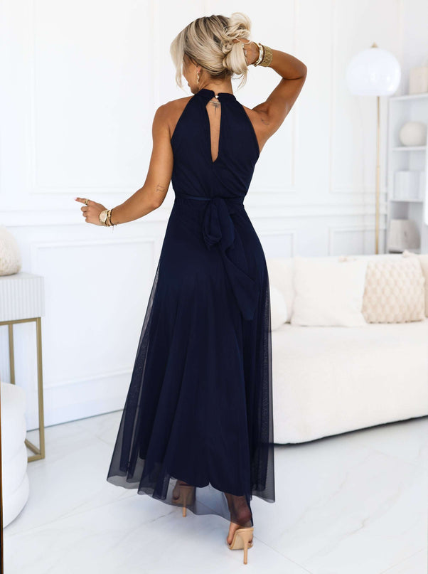 662-3 Elegant evening maxi halter dress with tulle and waist tie - navy