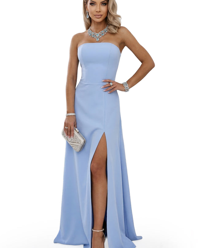 663-2 ELARA Corset Maxi Dress with Slit and Back Tie - Sky Blue