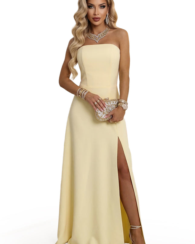 663-3 ELARA Corset Maxi Dress with Slit and Back Tie - Butter Yellow