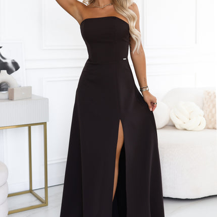 663-4 ELARA Corset-style maxi dress with a slit and back tie - chocolate brown