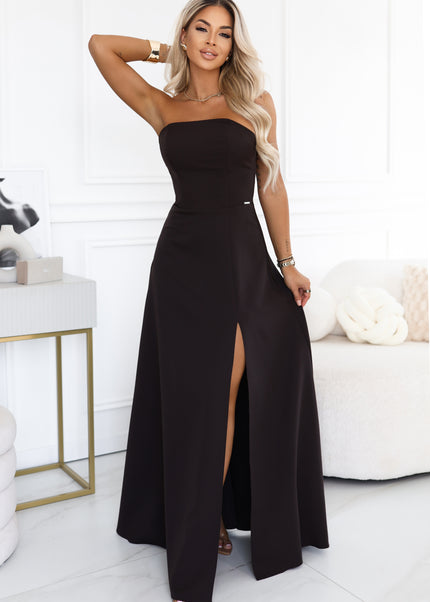 663-4 ELARA Corset-style maxi dress with a slit and back tie - chocolate brown