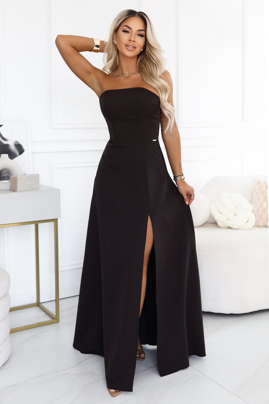 Chocolate Brown Maxi Dress with Slit and Back Tie – Elara