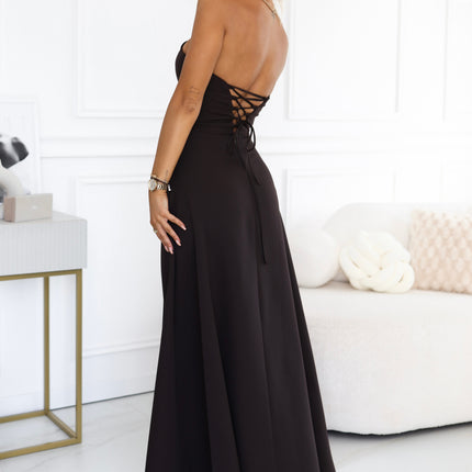 663-4 ELARA Corset-style maxi dress with a slit and back tie - chocolate brown
