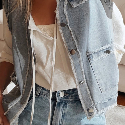 Beau Blue Frayed Edge Flap Pockets Denim Vest Jacket