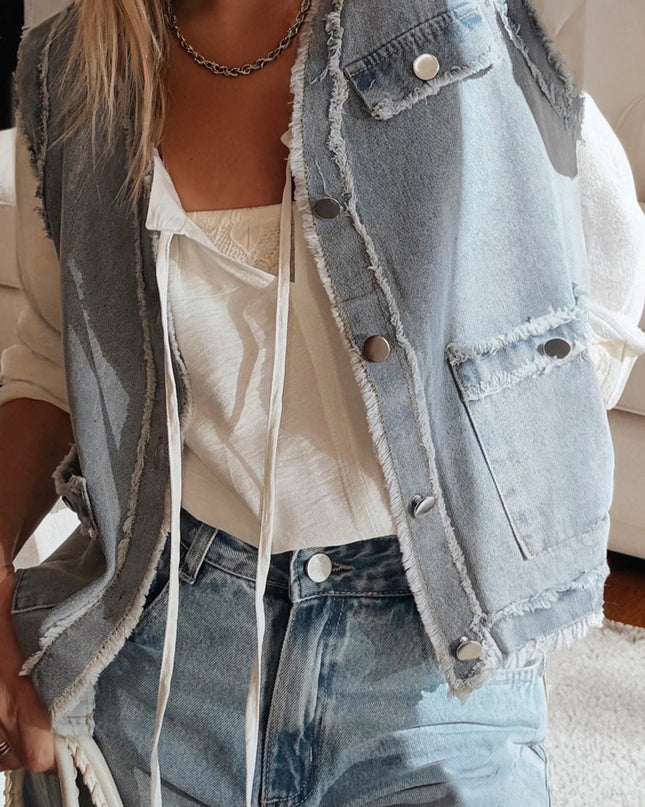 Beau Blue Frayed Edge Flap Pockets Denim Vest Jacket