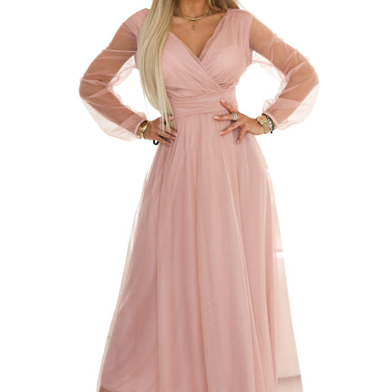 21435-11-664-1 Long Maxi Dress with Tulle Sleeves and Wrap Neckline - Powder Pink-11