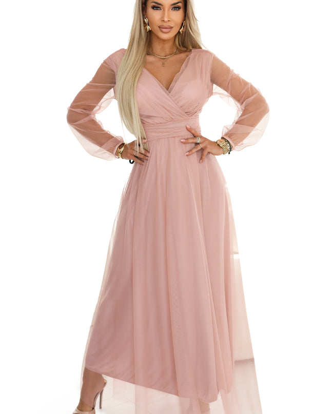 664-1 Long Maxi Dress with Tulle Sleeves and Wrap Neckline - Powder Pink