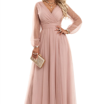 21435-1-664-1 Long Maxi Dress with Tulle Sleeves and Wrap Neckline - Powder Pink-1