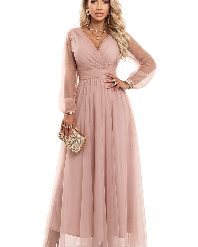 664-1 Long Maxi Dress with Tulle Sleeves and Wrap Neckline - Powder Pink