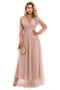 664-1 Long Maxi Dress with Tulle Sleeves and Wrap Neckline - Powder Pink