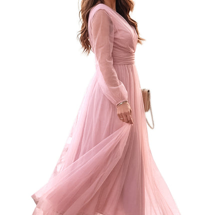 21435-14-664-1 Long Maxi Dress with Tulle Sleeves and Wrap Neckline - Powder Pink-14
