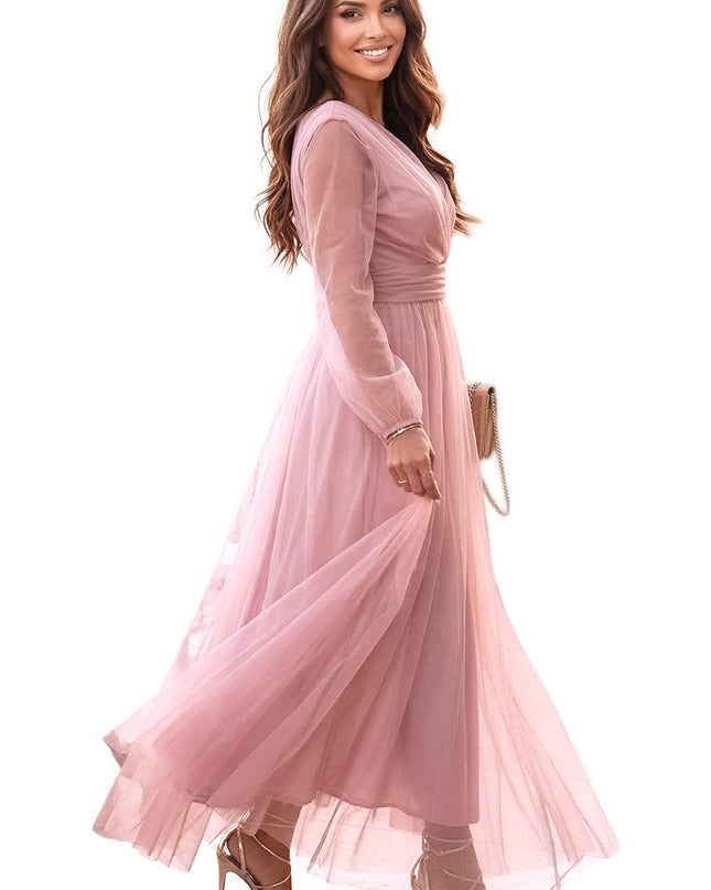 664-1 Long Maxi Dress with Tulle Sleeves and Wrap Neckline - Powder Pink