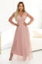 664-1 Long Maxi Dress with Tulle Sleeves and Wrap Neckline - Powder Pink