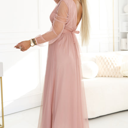 664-1 Long Maxi Dress with Tulle Sleeves and Wrap Neckline - Powder Pink