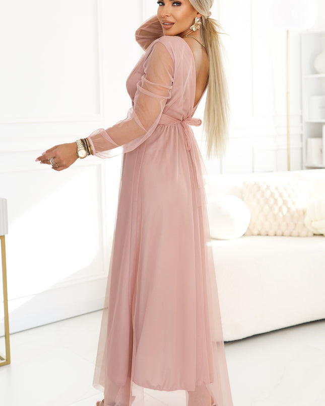 664-1 Long Maxi Dress with Tulle Sleeves and Wrap Neckline - Powder Pink