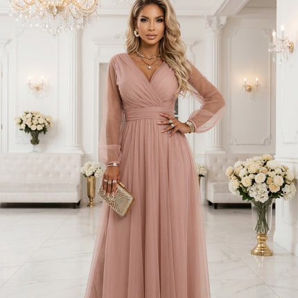 21435-10-664-1 Long Maxi Dress with Tulle Sleeves and Wrap Neckline - Powder Pink-10
