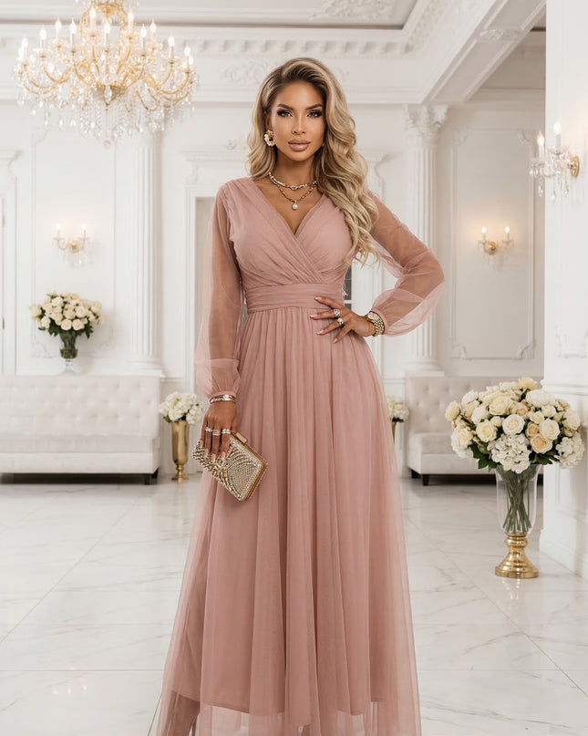 664-1 Long Maxi Dress with Tulle Sleeves and Wrap Neckline - Powder Pink