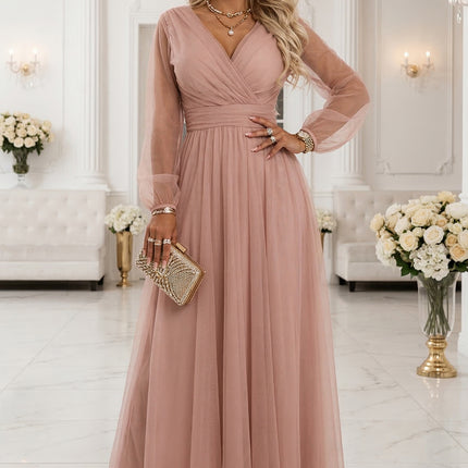 21435-7-664-1 Long Maxi Dress with Tulle Sleeves and Wrap Neckline - Powder Pink-7