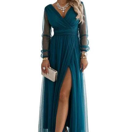 21434-10-664-2 Long Maxi Dress with Tulle Sleeves and Wrap Neckline - Bottle Green-10