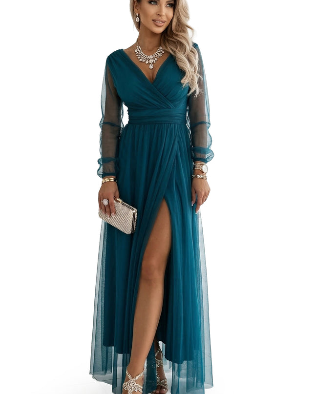 664-2 Long Maxi Dress with Tulle Sleeves and Wrap Neckline - Bottle Green