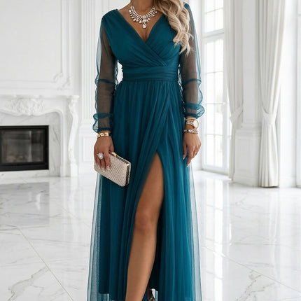 21434-6-664-2 Long Maxi Dress with Tulle Sleeves and Wrap Neckline - Bottle Green-6