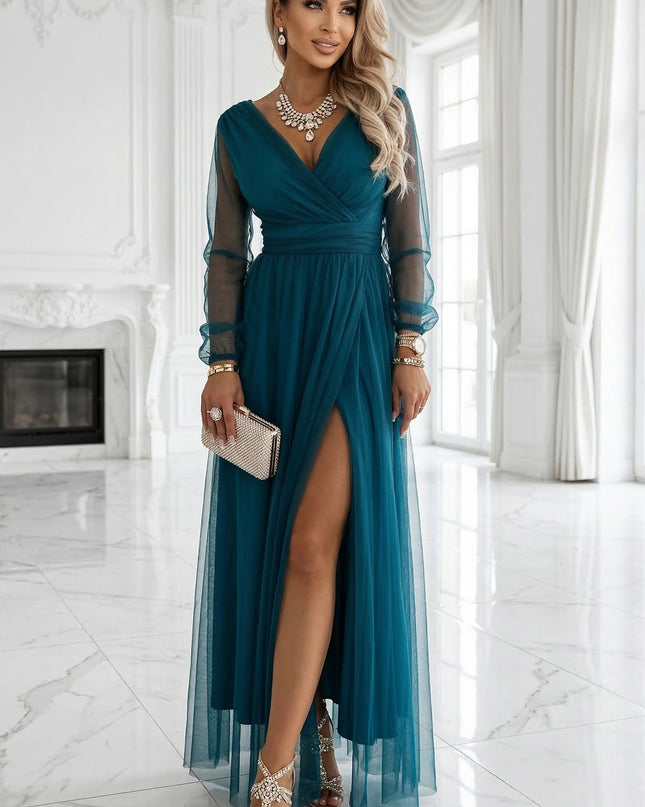 664-2 Long Maxi Dress with Tulle Sleeves and Wrap Neckline - Bottle Green