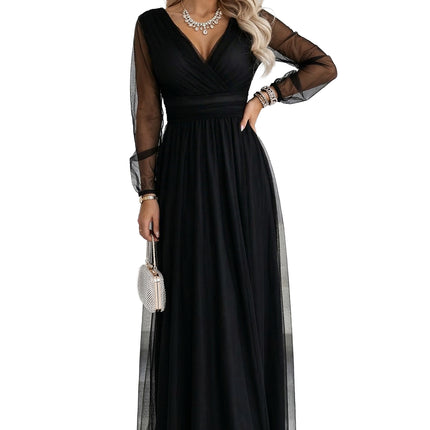 21433-10-664-3 Long Maxi Dress with Tulle Sleeves and Wrap Neckline - Black-10