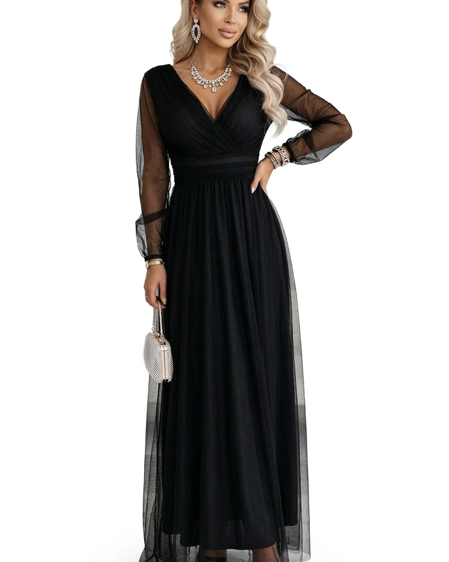 664-3 Long Maxi Dress with Tulle Sleeves and Wrap Neckline - Black