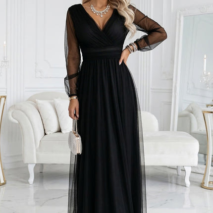 21433-6-664-3 Long Maxi Dress with Tulle Sleeves and Wrap Neckline - Black-6