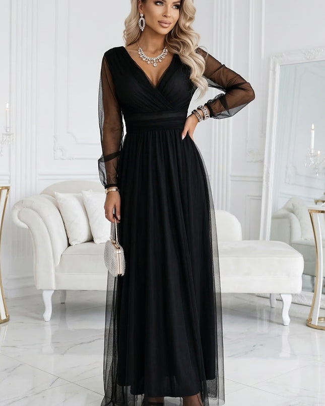 664-3 Long Maxi Dress with Tulle Sleeves and Wrap Neckline - Black