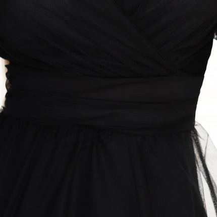 21433-7-664-3 Long Maxi Dress with Tulle Sleeves and Wrap Neckline - Black-7