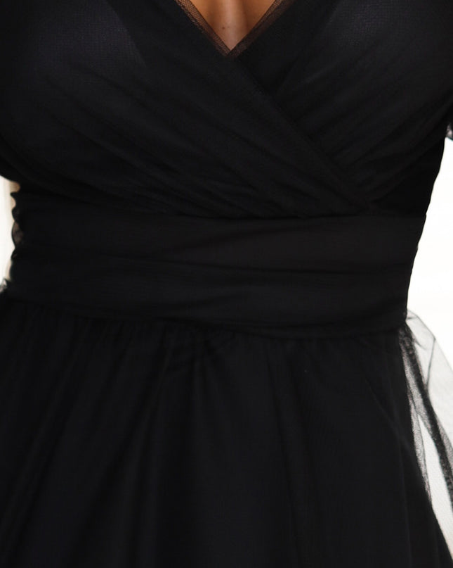 664-3 Long Maxi Dress with Tulle Sleeves and Wrap Neckline - Black
