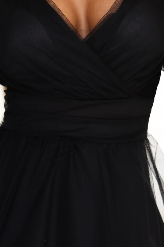664-3 Long Maxi Dress with Tulle Sleeves and Wrap Neckline - Black