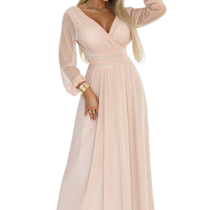 21701-7-664-4 Long maxi dress with tulle sleeves and a wrap neckline - peach-7