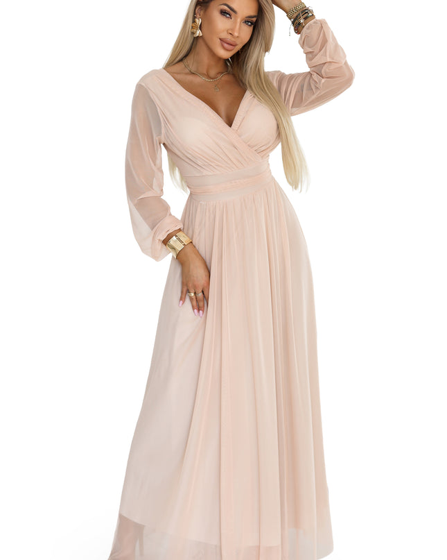 664-4 Long maxi dress with tulle sleeves and a wrap neckline - peach
