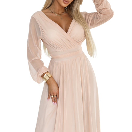 21701-8-664-4 Long maxi dress with tulle sleeves and a wrap neckline - peach-8