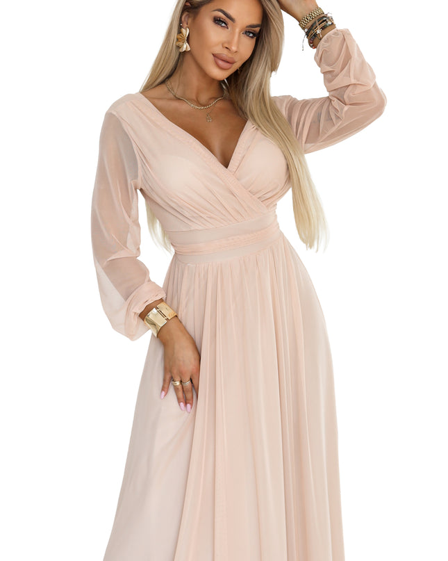 664-4 Long maxi dress with tulle sleeves and a wrap neckline - peach
