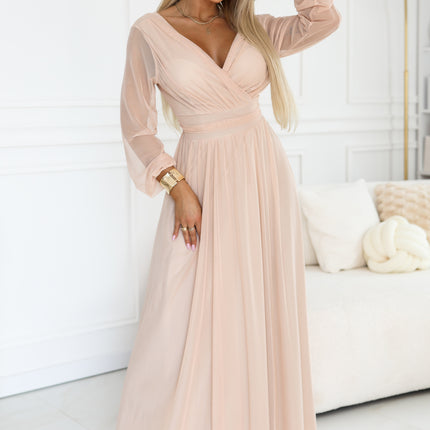 664-4 Long maxi dress with tulle sleeves and a wrap neckline - peach
