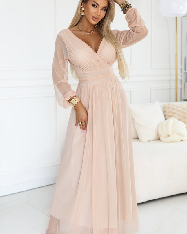 664-4 Long maxi dress with tulle sleeves and a wrap neckline - peach