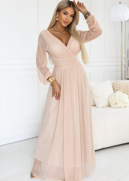 664-4 Long maxi dress with tulle sleeves and a wrap neckline - peach
