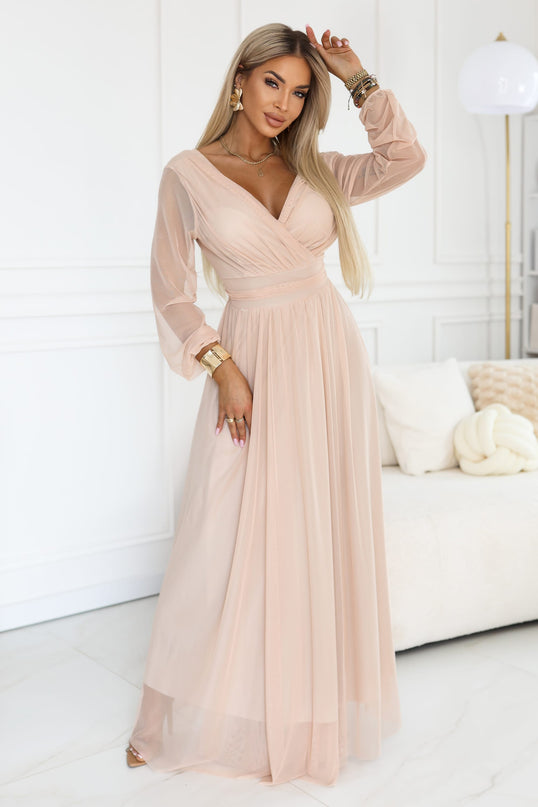 664-4 Long maxi dress with tulle sleeves and a wrap neckline - peach
