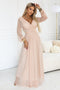 664-4 Long maxi dress with tulle sleeves and a wrap neckline - peach